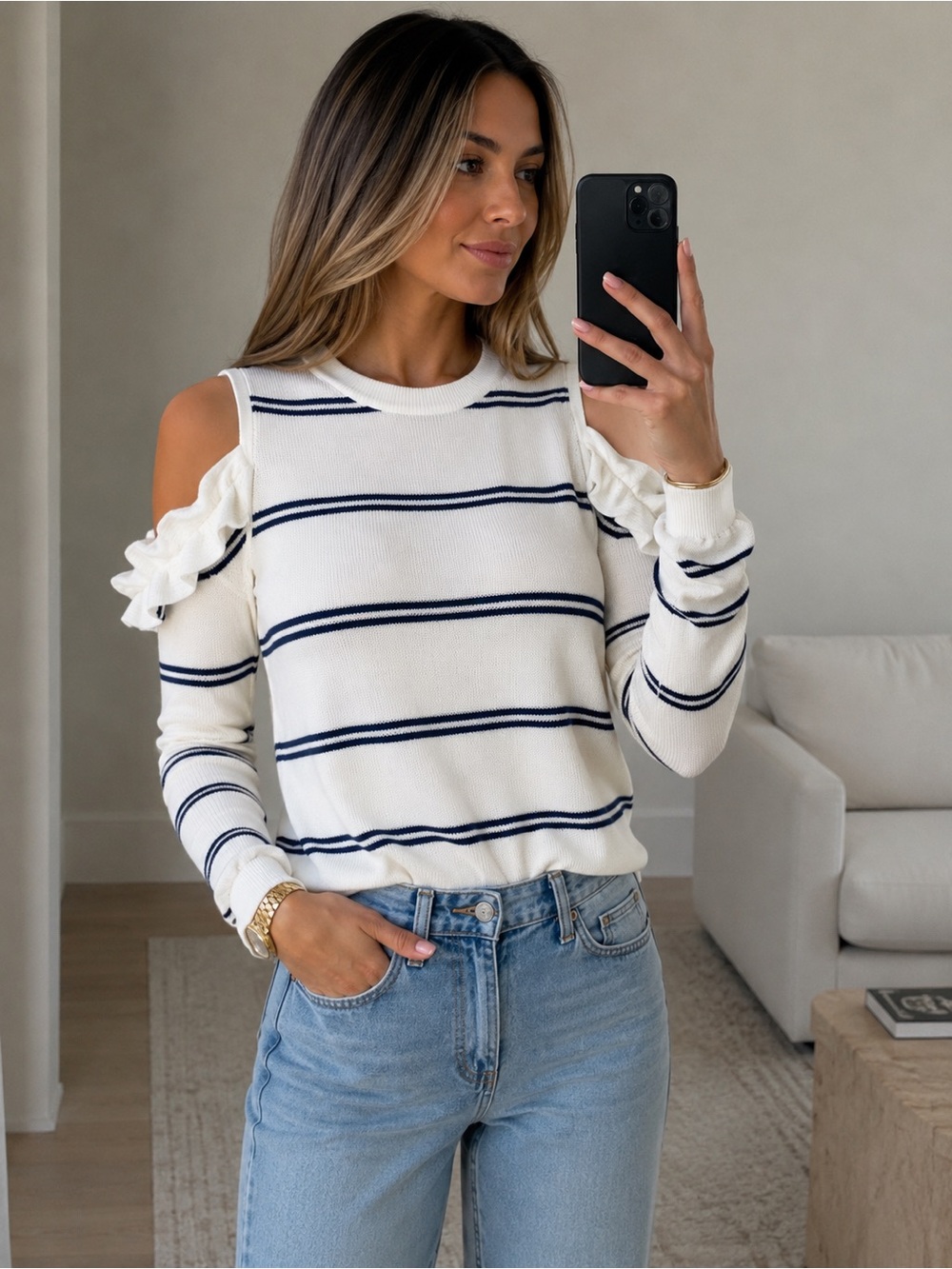 Jack by BB Dakota White Crew Sweater with Navy Stripes & Ruffle Cold-Shoulder